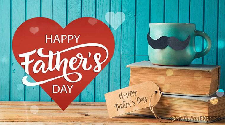 Přání ke Dni otců se srdcem, hrnečkem s knírem, knihami a nápisem Happy father´s day.