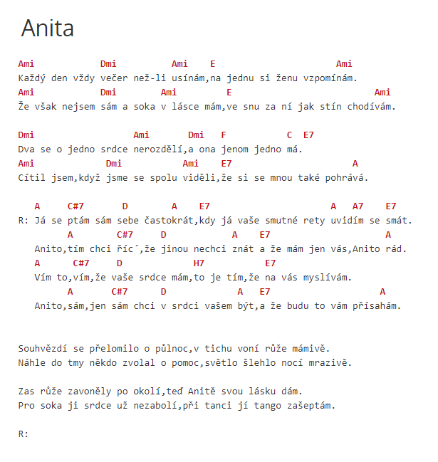 Akordy k české trampské písni "Anita". 