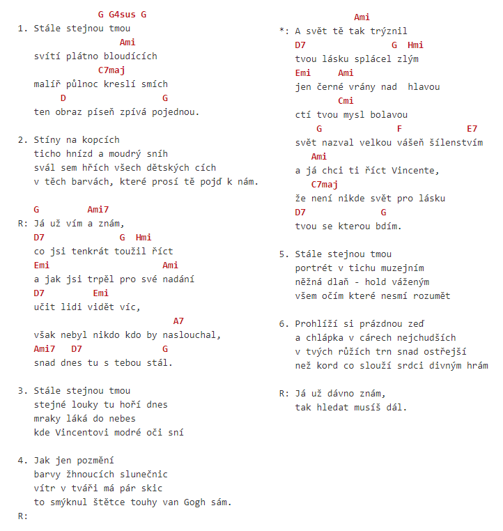 Akordy na kytaru k písni "Vincent" Pavla Bobka.