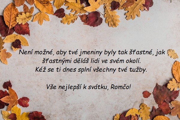 Přání k svátku Romaně na šedivém pozadí zdobeném podzimním listím. 