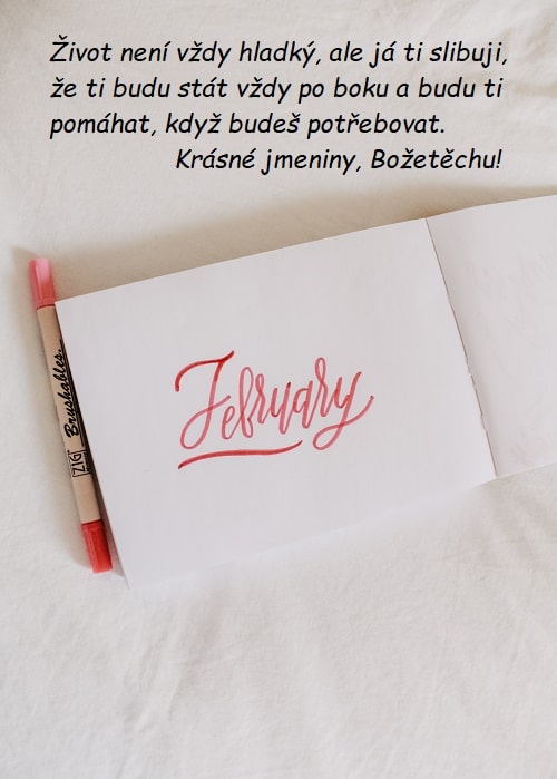 Bílý blok s nápisem "February", fixem a přáním k svátku pro Božetěcha.