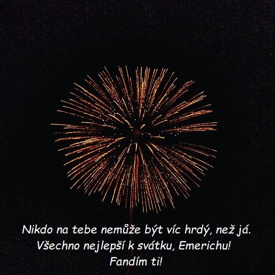 Vybuchující ohňostroj na noční obloze s přáním k svátku pro Emericha.