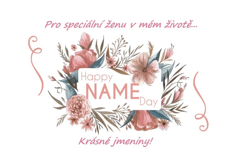 Růžové květy s nápisem Happy name day. 