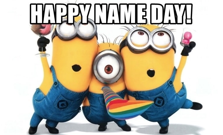 Tři kreslení mimoni s anglickým přáním k svátku Happy name day!