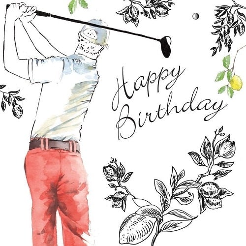 Golfista odpalující golfový míček s nápisem Happy Birthday.