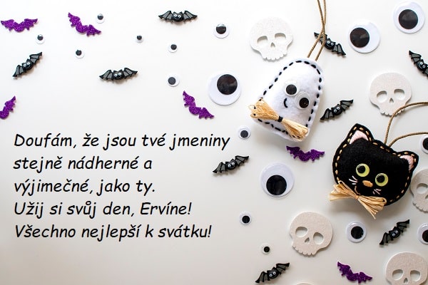 Přání k svátku Ervínovi na bílém pozadí s halloweenskými ozdobami. 