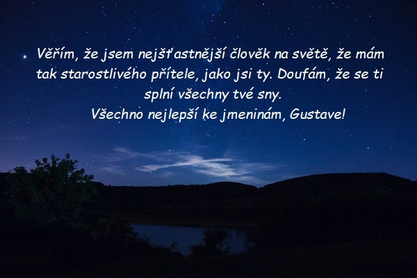 Jezero pod noční oblohou s přáním všeho nejlepšího ke jmeninám pro Gustava.