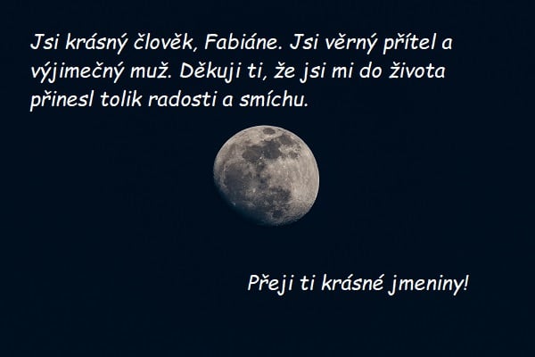 Přání krásných jmenin Fabiánovi na pozadí noční oblohy s úplňkem.