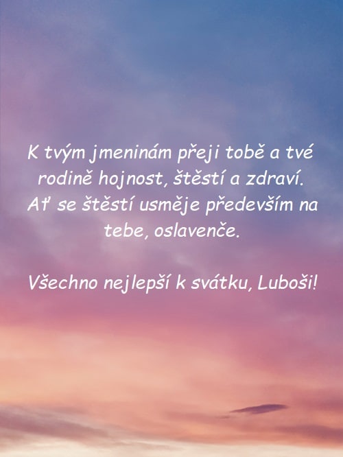 Přání k svátku Lubošovi na pozadí růžového nebe při západu slunce. 