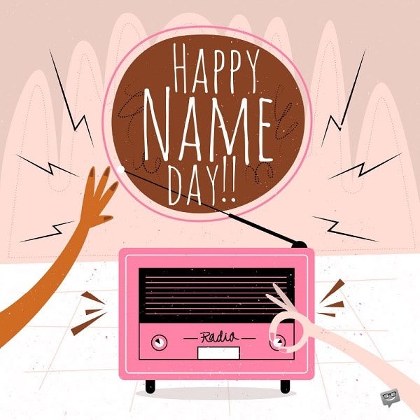 Růžové kreslené rádio s nápisem Happy name day!